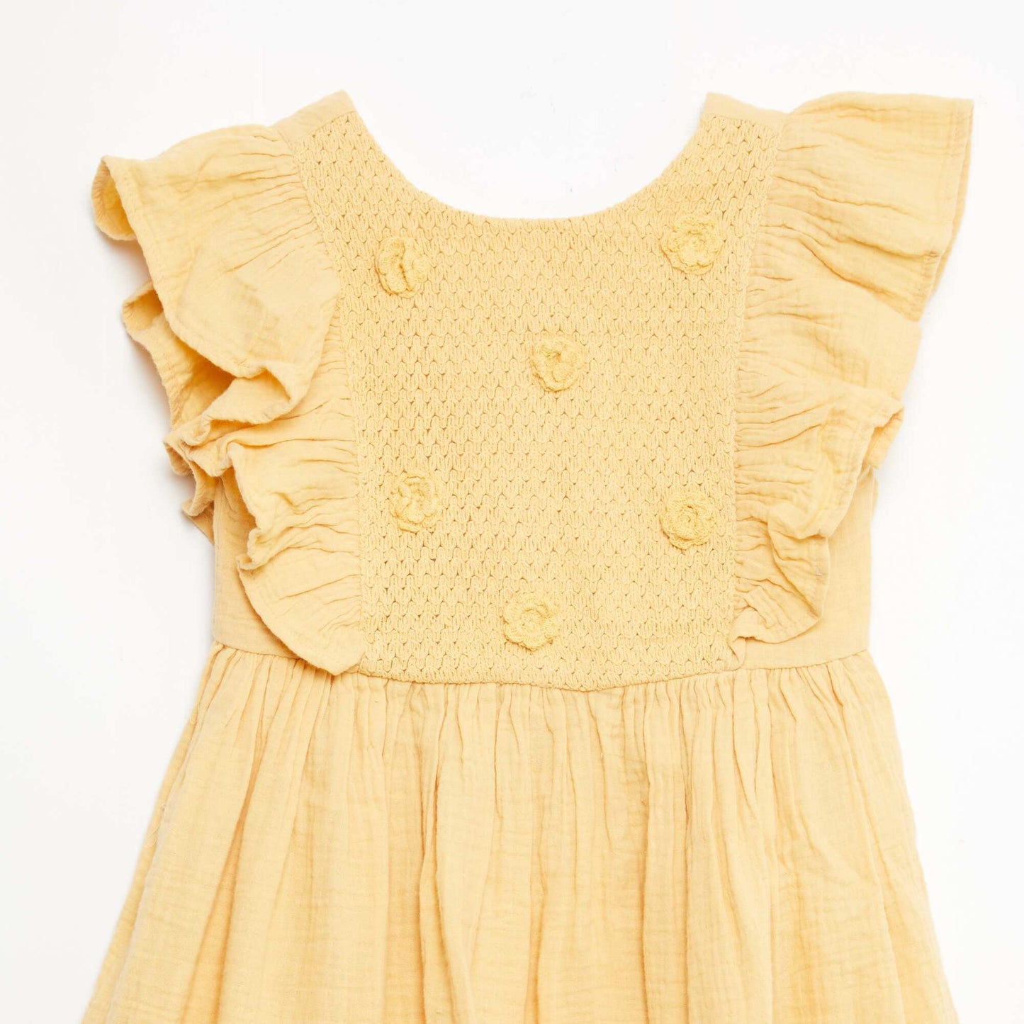 Vestido de manga corta con bordados en el cuello de algodón BEIGE