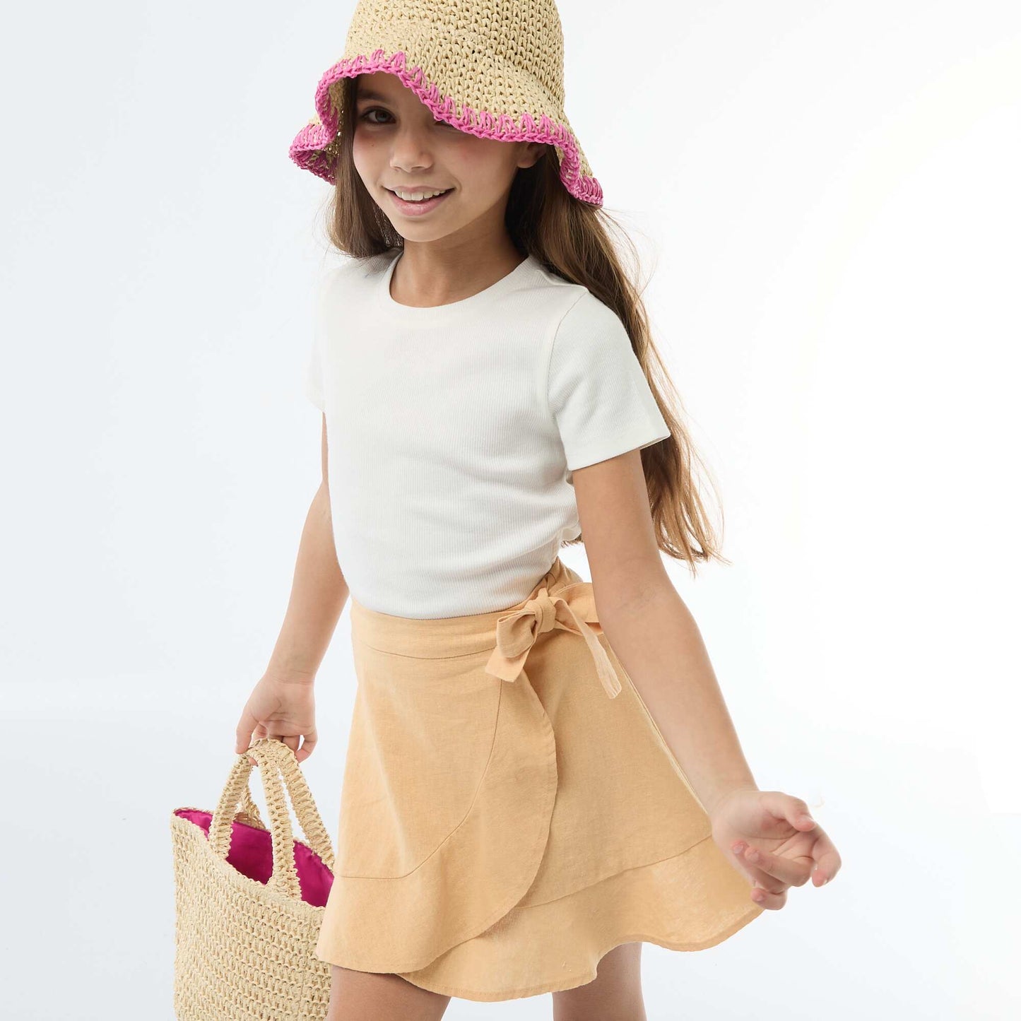 Falda con volantes en mezcla de lino AMARILLO