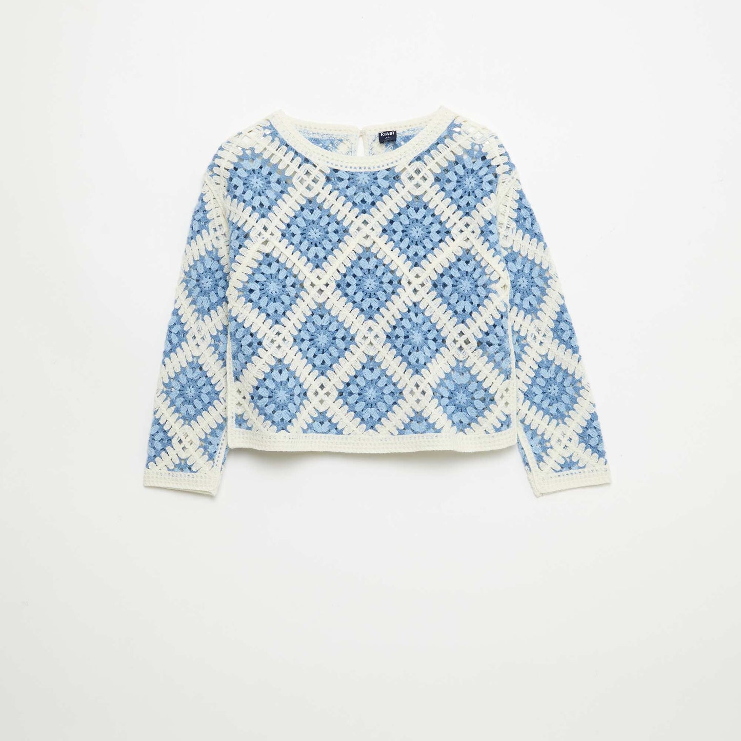 Sweater de punto calado con bordados de flores AZUL