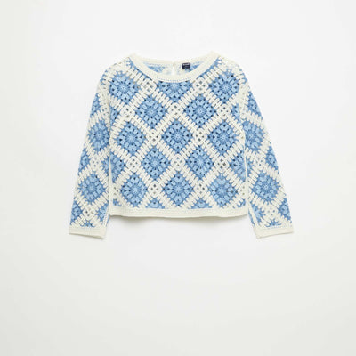 Sweater de punto calado con bordados de flores AZUL