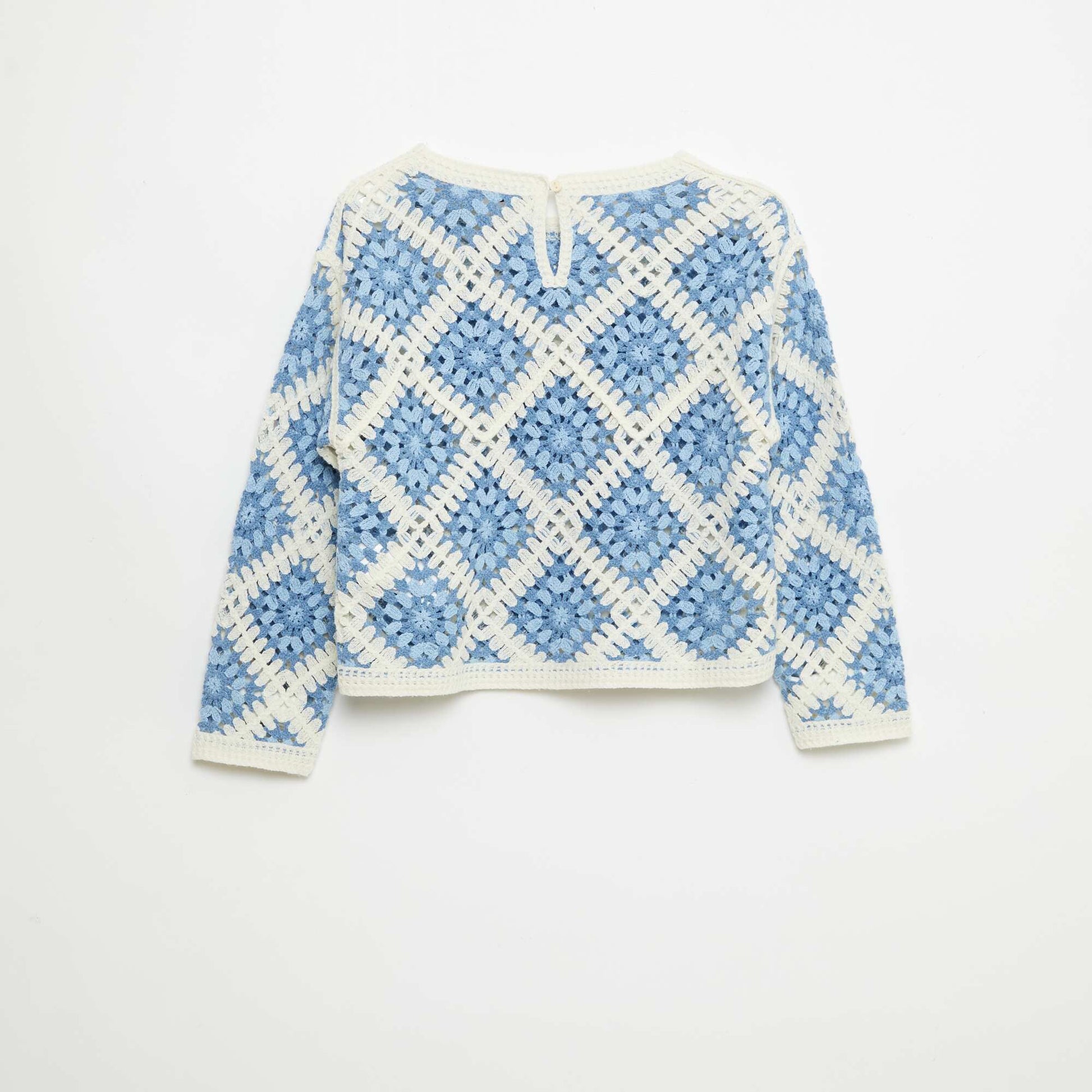 Sweater de punto calado con bordados de flores AZUL
