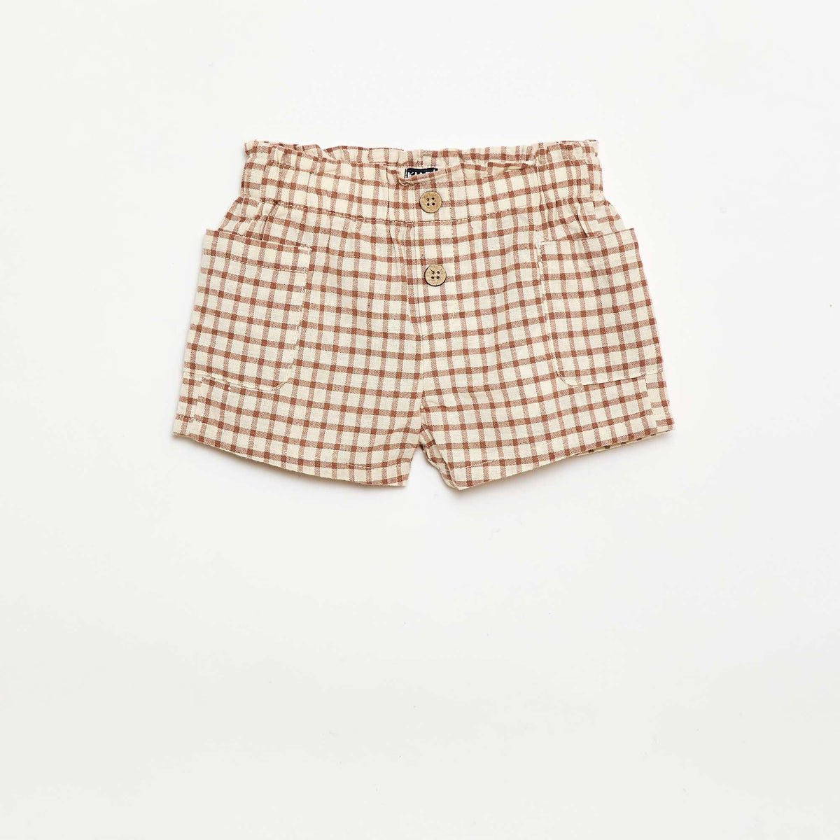 Pantalón corto de cuadros de algodón y lino MARRON
