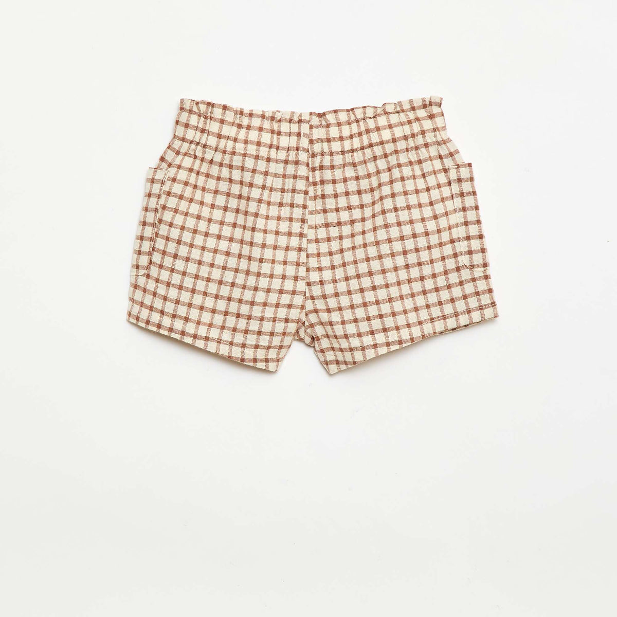 Pantalón corto de cuadros de algodón y lino MARRON