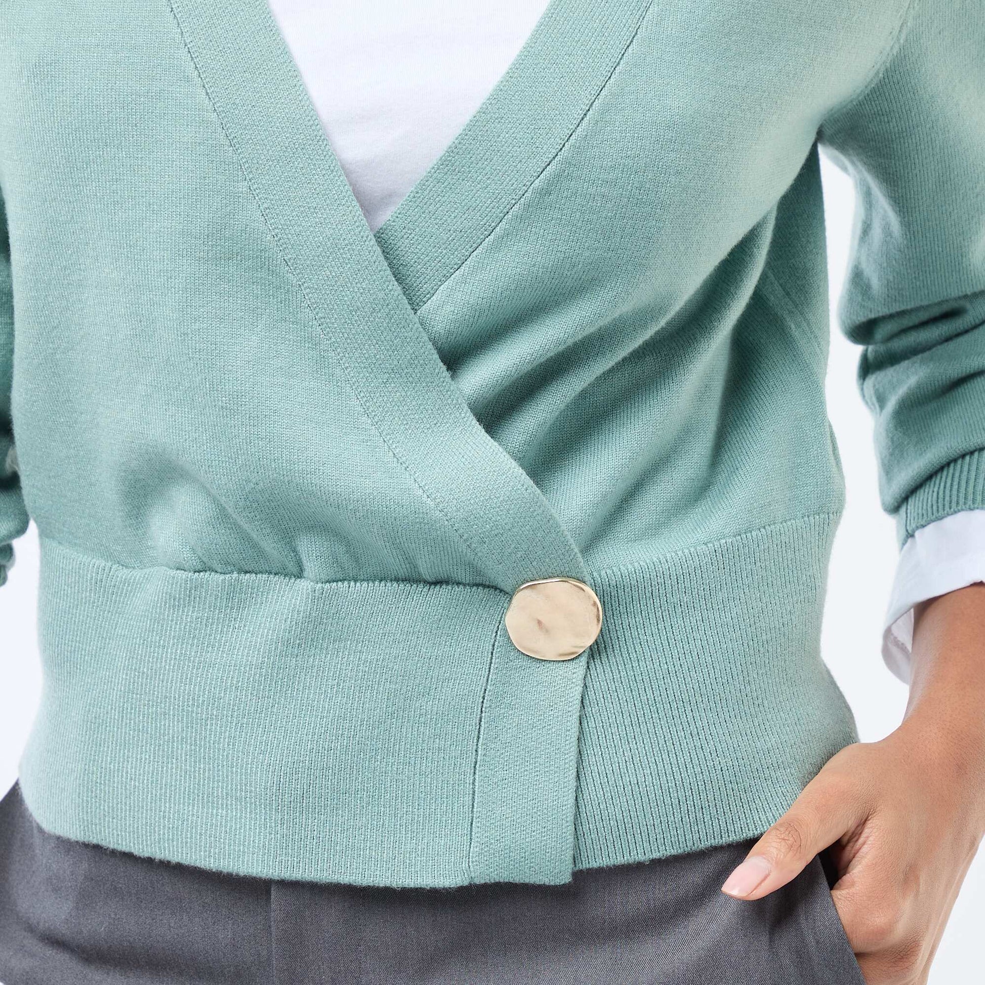 Sweater efecto cárdigan cruzado con botón dorado VERDE