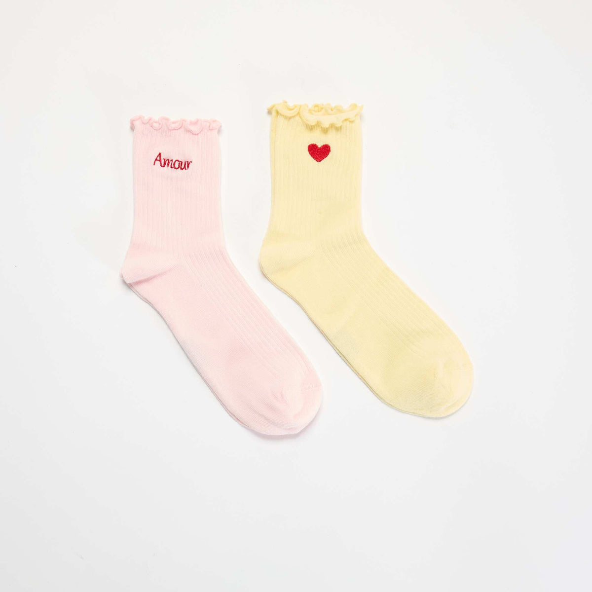 Pack de 2 medias bordados con bordes con volantes AMARILLO