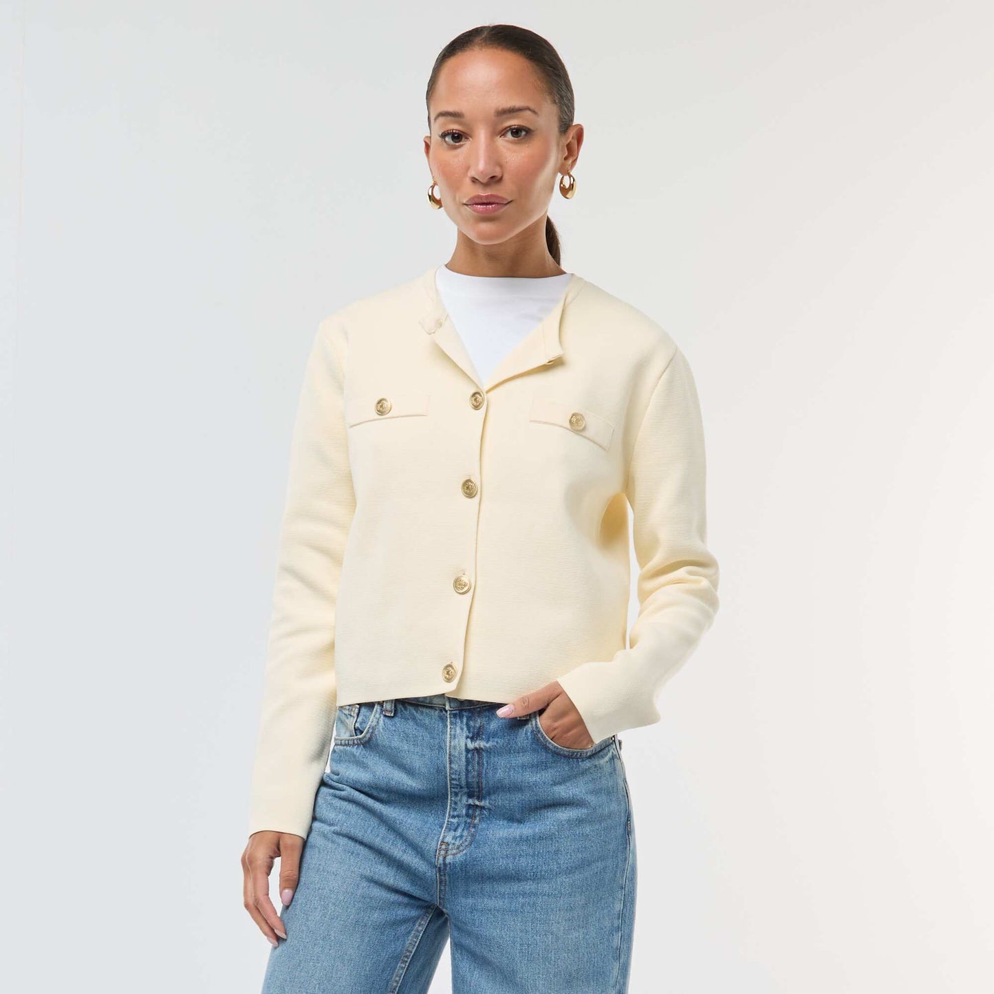 Cárdigan con botones dorados de punto texturizado BEIGE