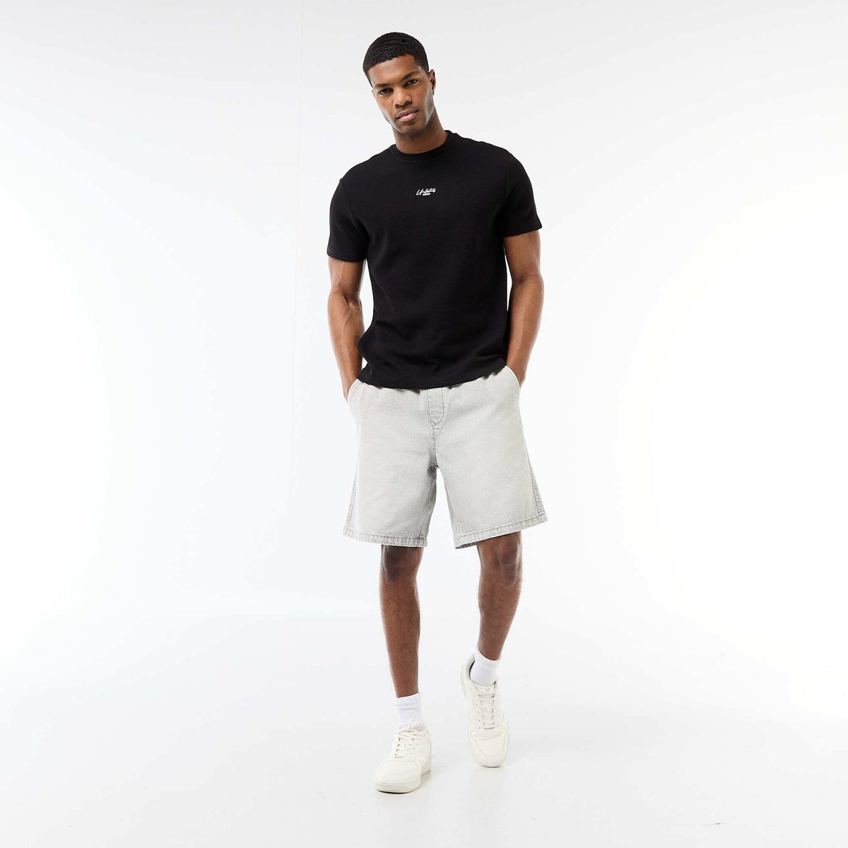 Bermuda jean con cintura elástica GRIS