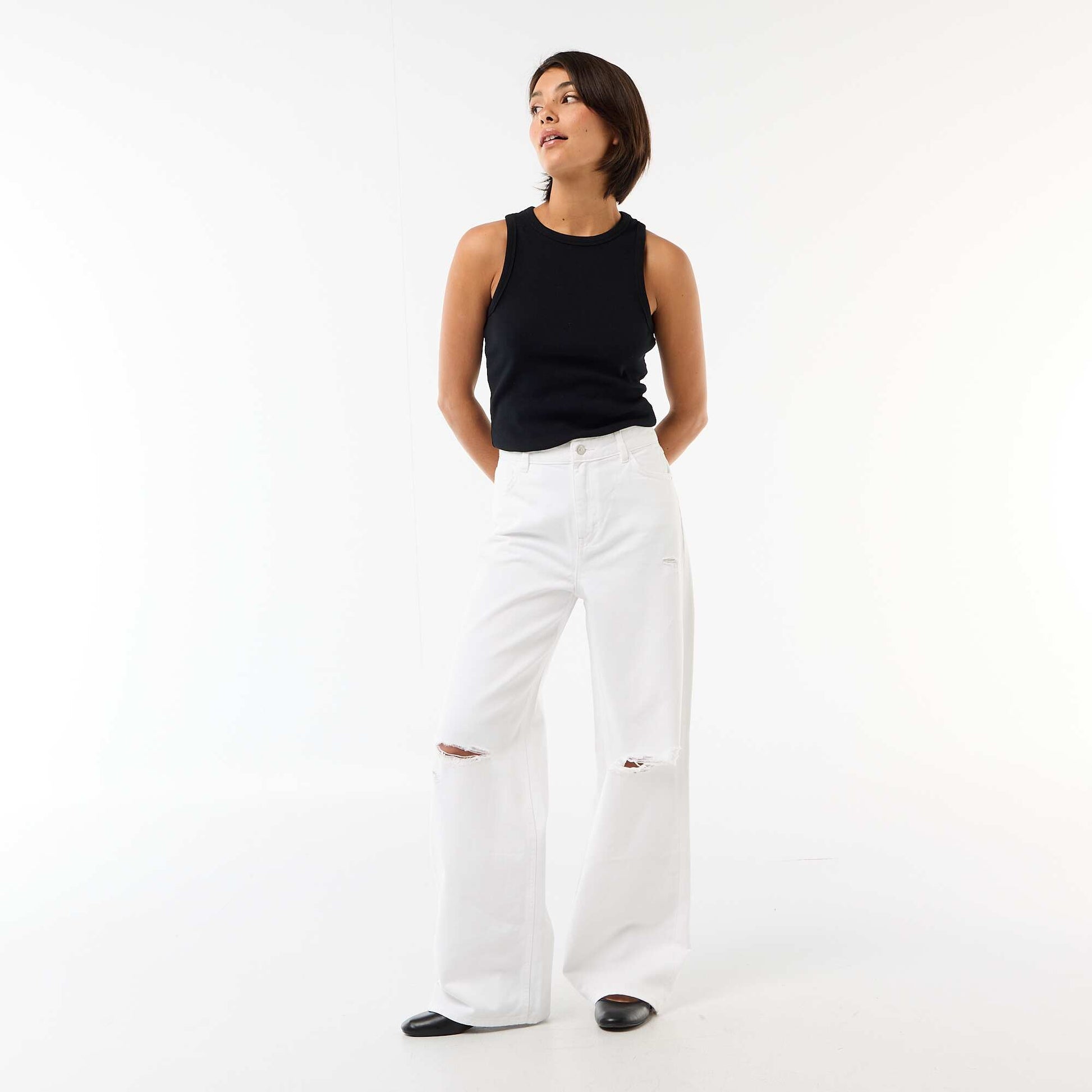 Pantalón wide leg destroy tiro bajo BLANCO
