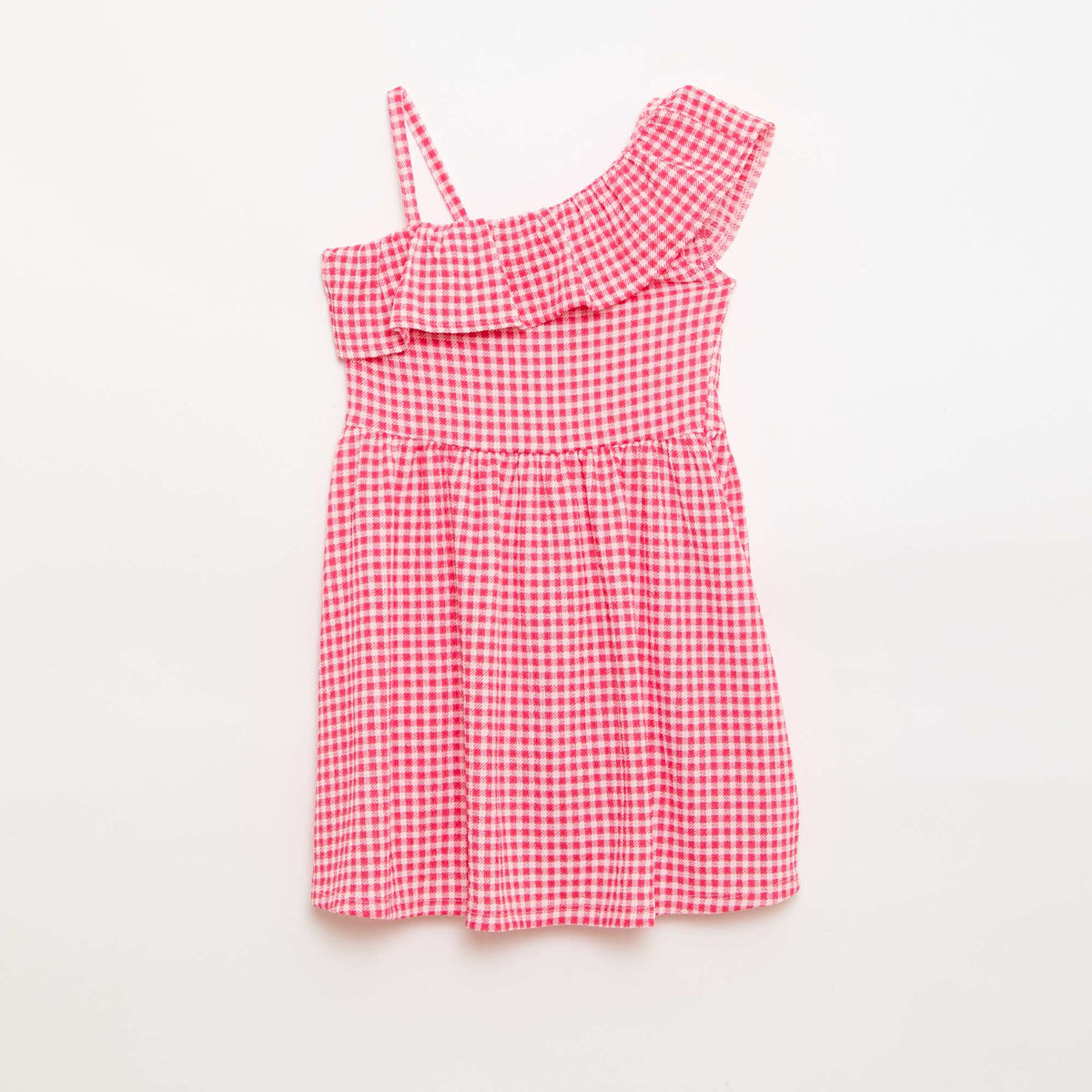 Vestido con cuello asimétrico con volantes estampado vichy ROSA