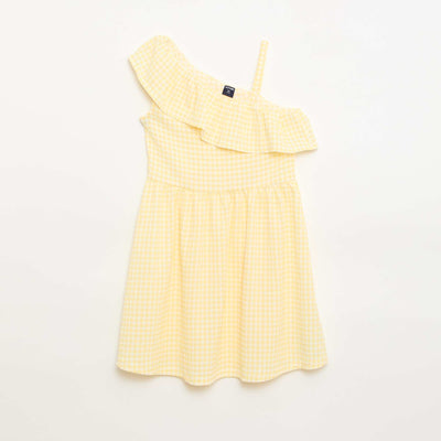 Vestido con cuello asimétrico con volantes estampado vichy AMARILLO