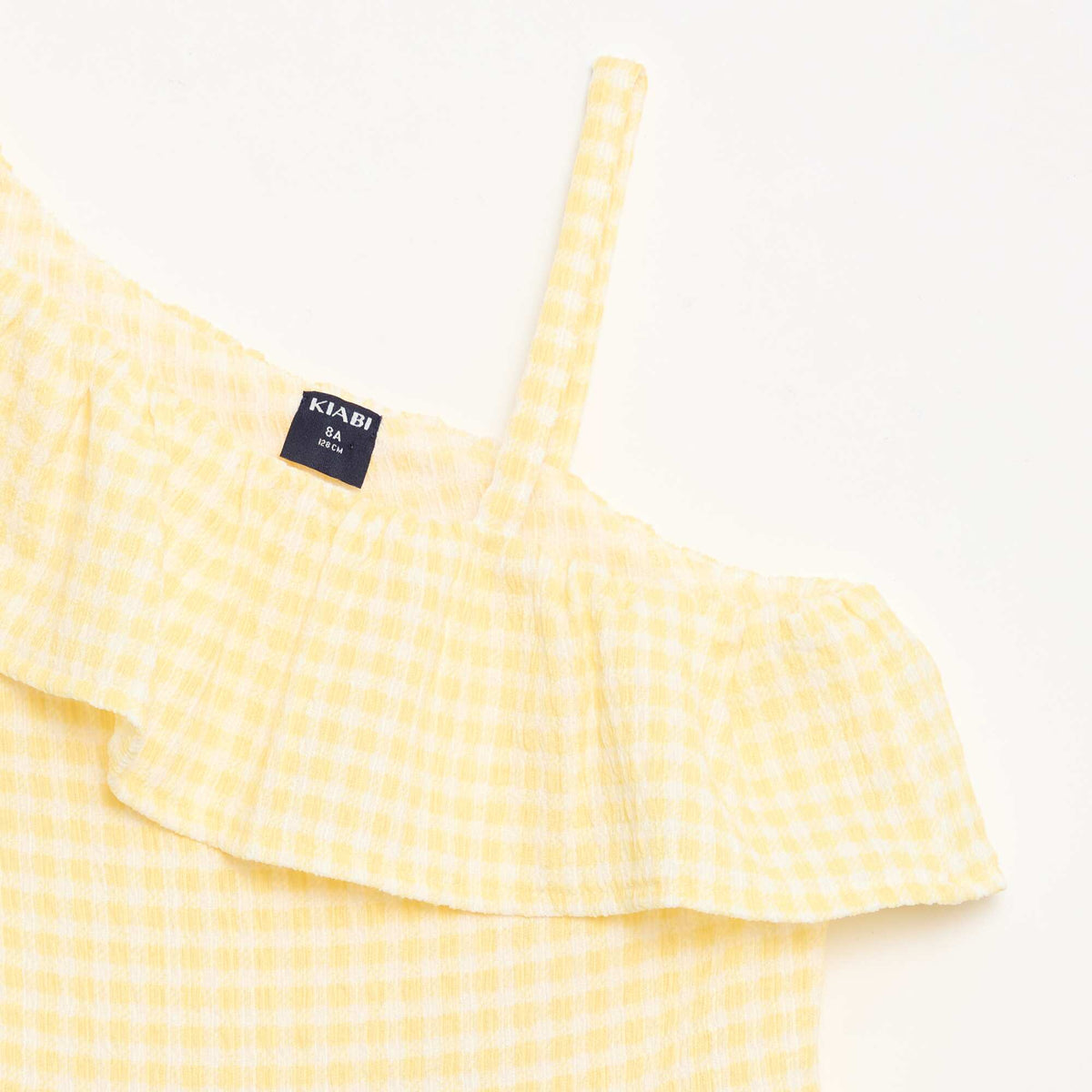 Vestido con cuello asimétrico con volantes estampado vichy AMARILLO
