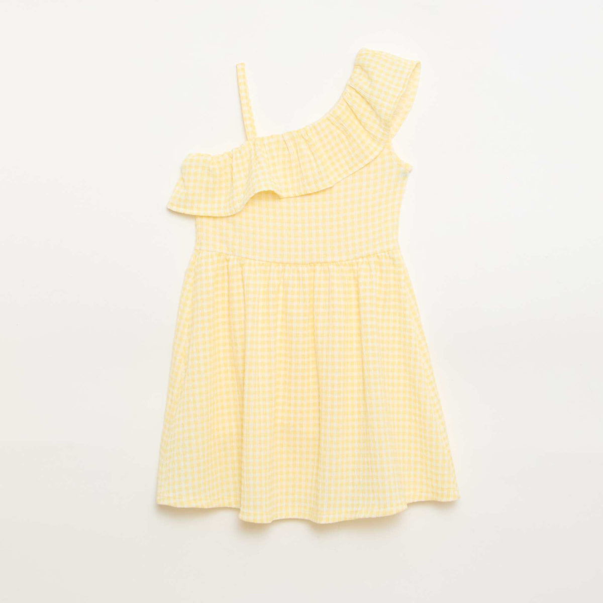 Vestido con cuello asimétrico con volantes estampado vichy AMARILLO