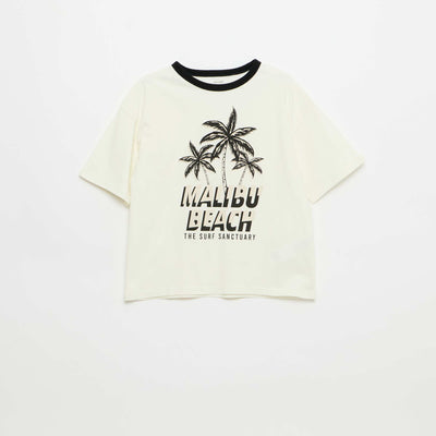 Camiseta estampada fantasía de manga corta con ribetes contrastantes BLANCO