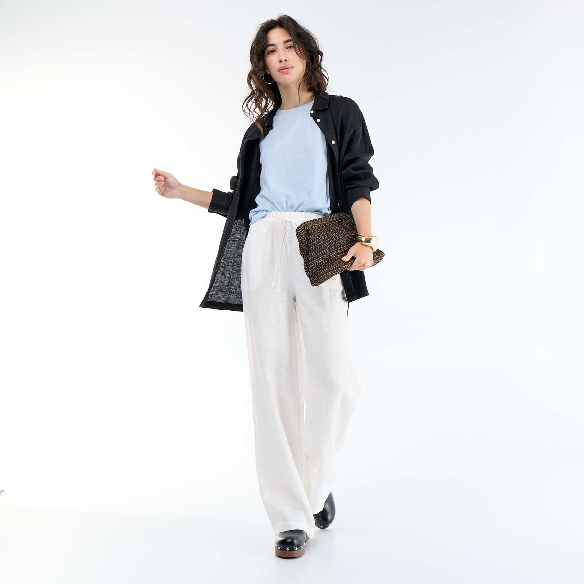 Pantalón liso de lino de corte ancho BLANCO