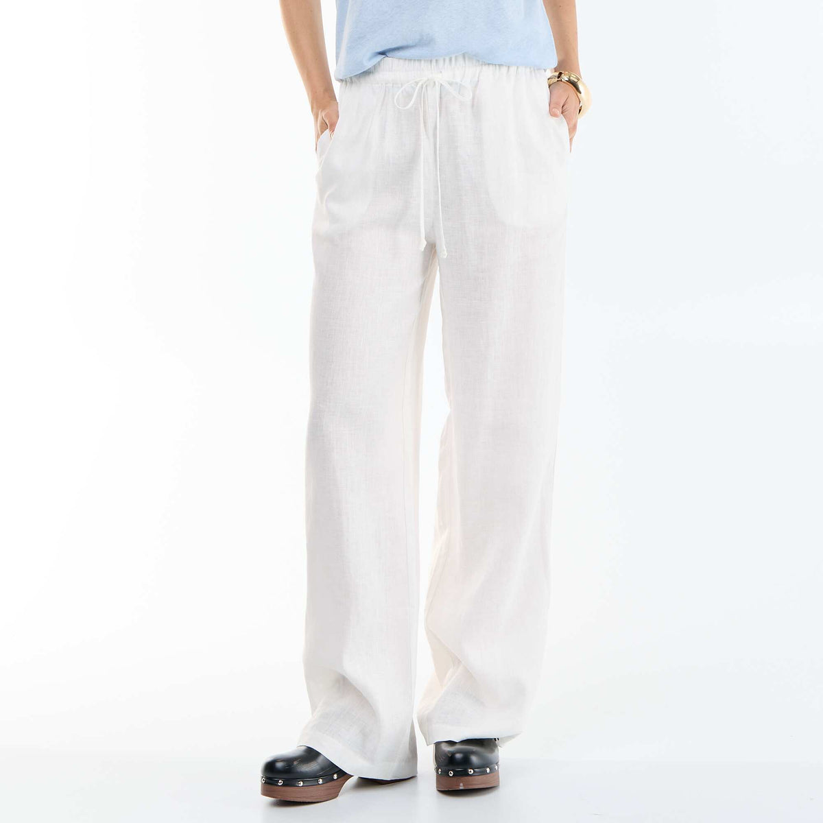 Pantalón liso de lino de corte ancho BLANCO