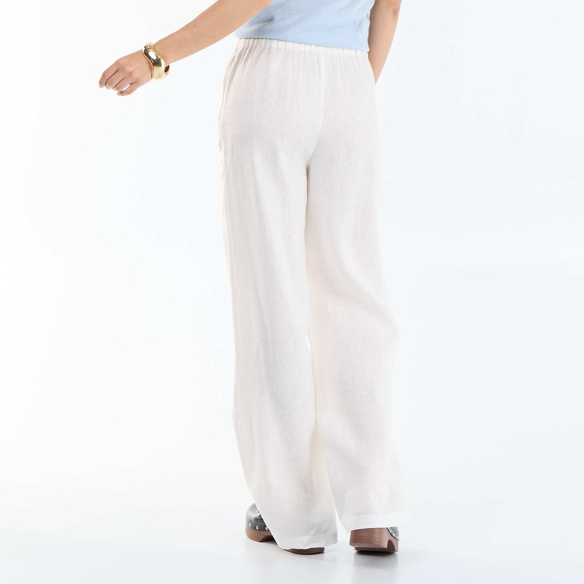 Pantalón liso de lino de corte ancho BLANCO