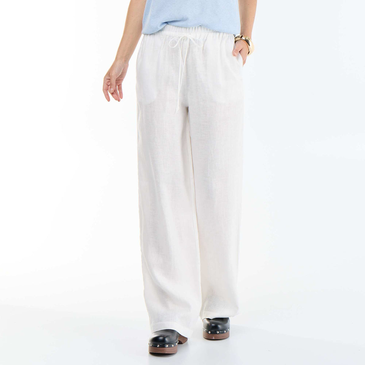 Pantalón liso de lino de corte ancho BLANCO