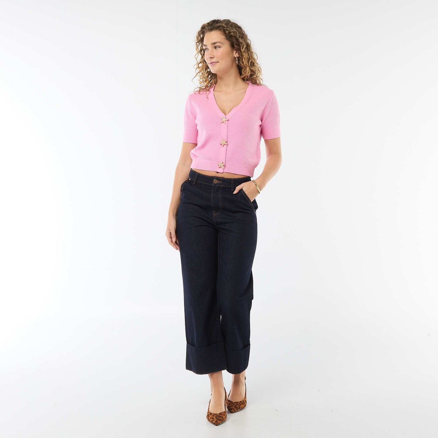 Sweater de punto de manga corta abotonado ROSA