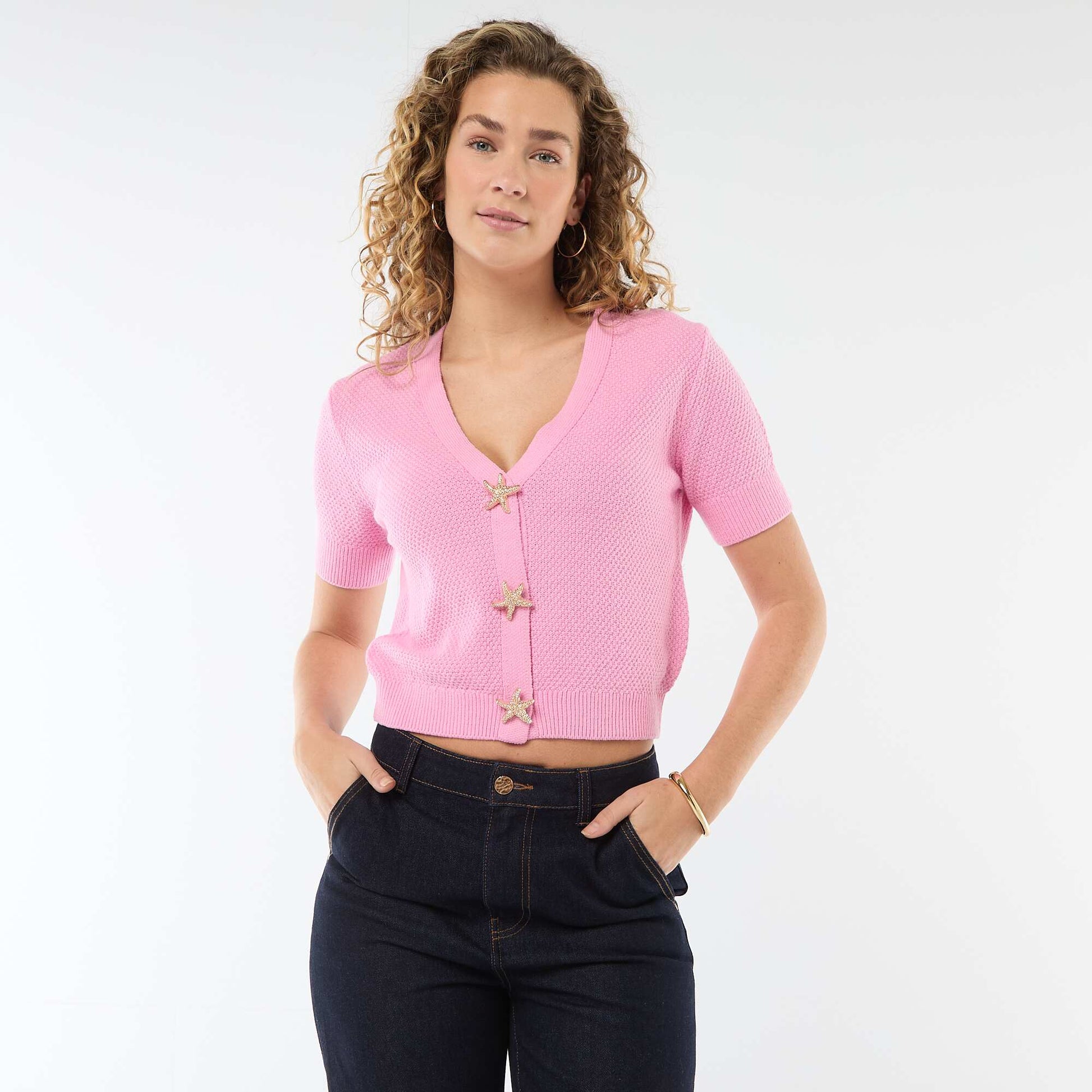Sweater de punto de manga corta abotonado ROSA