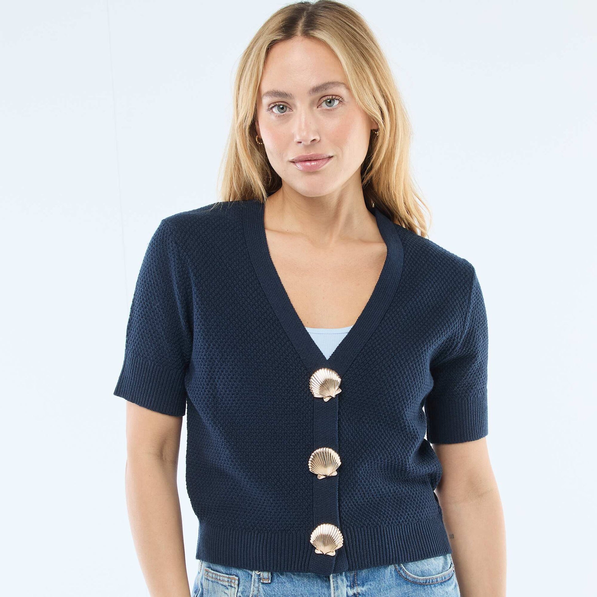 Sweater de punto de manga corta abotonado AZUL