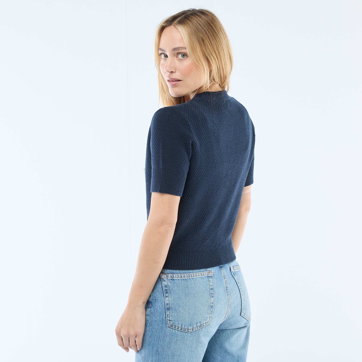 Sweater de punto de manga corta abotonado AZUL