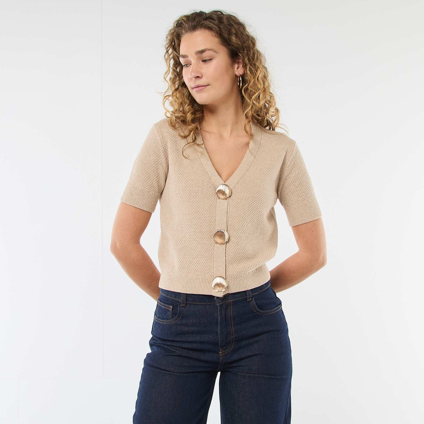 Sweater de punto de manga corta abotonado BEIGE