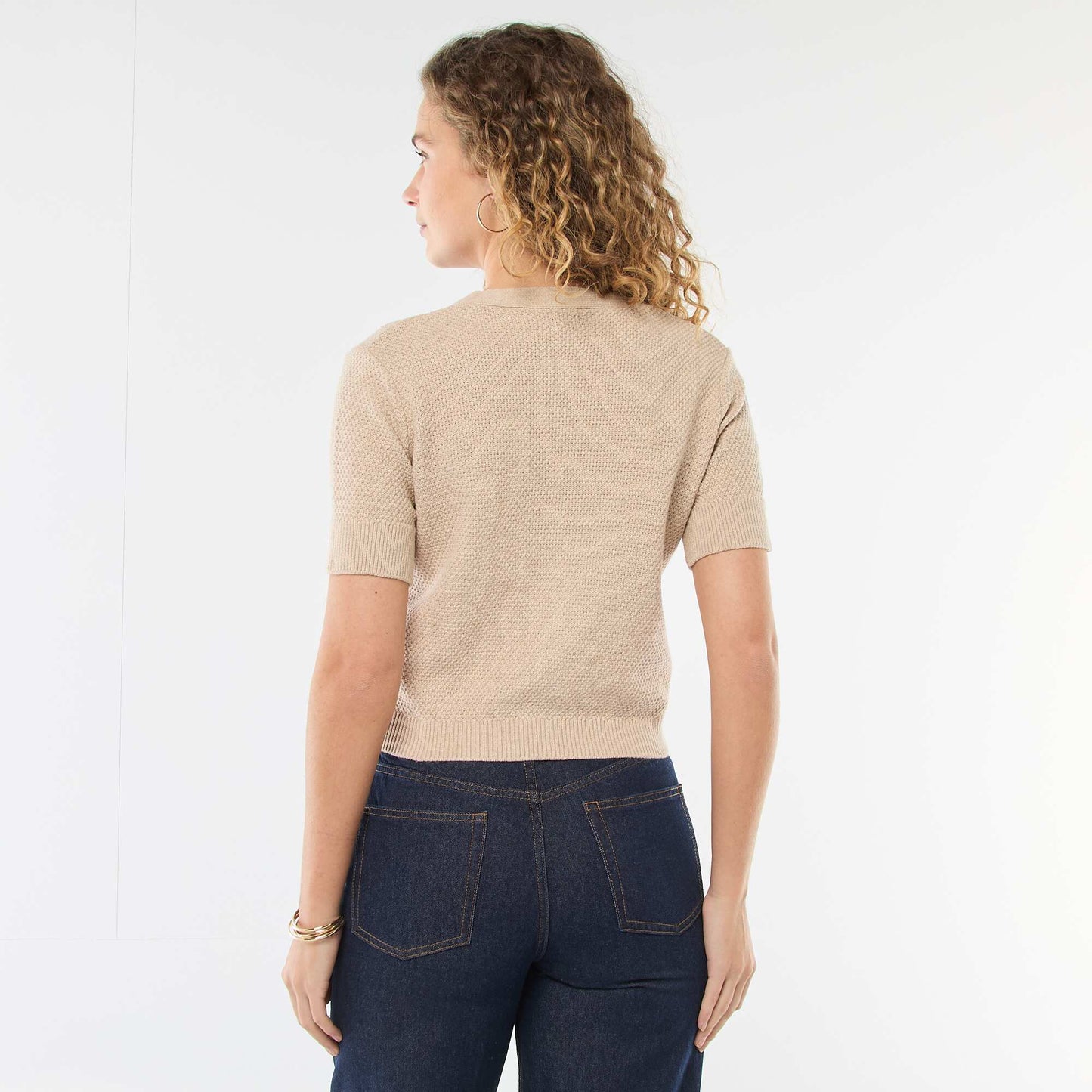 Sweater de punto de manga corta abotonado BEIGE