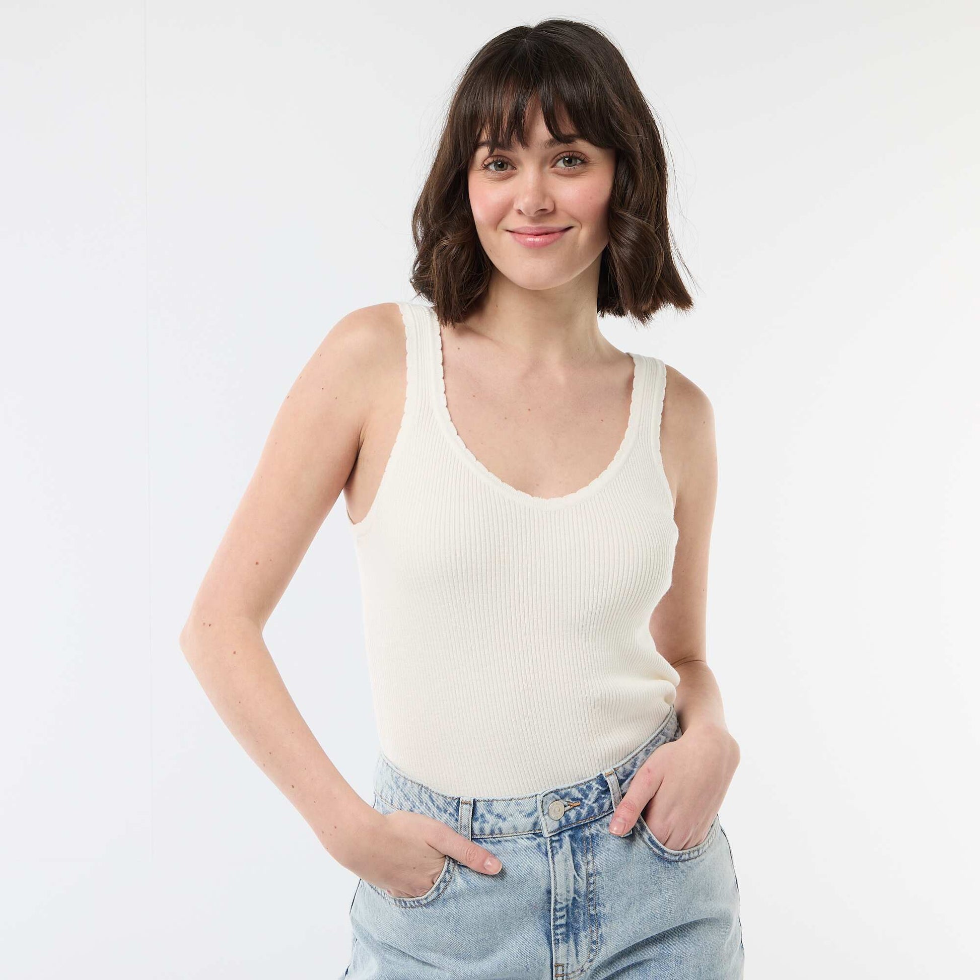Camiseta de tirantes lisa en tejido de canalé BLANCO