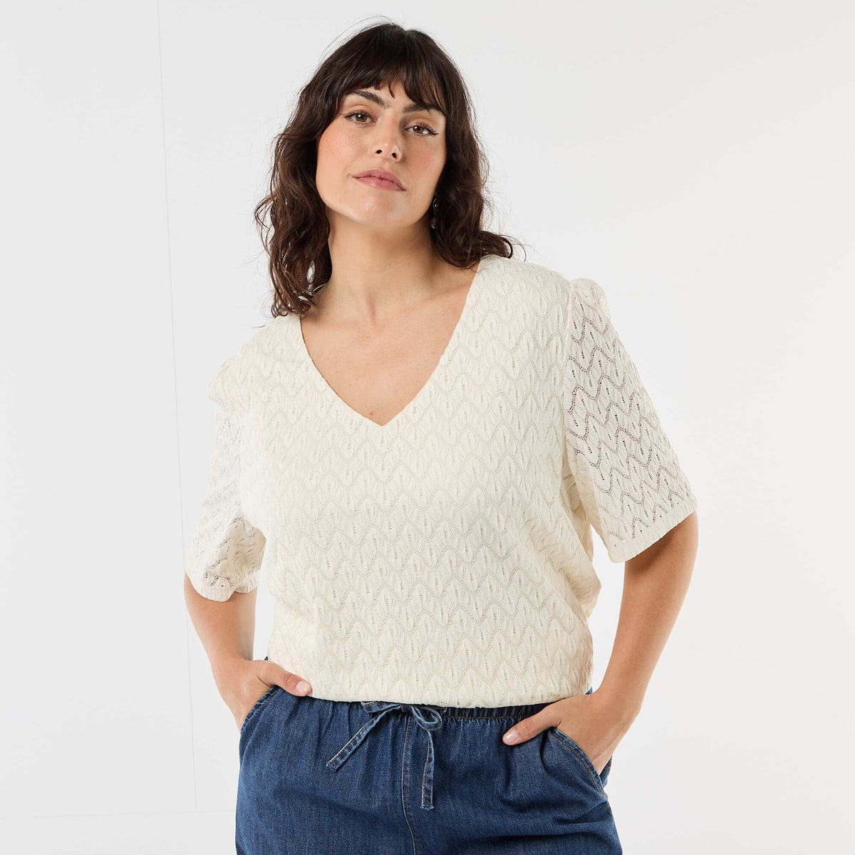 Camiseta de encaje calado BEIGE
