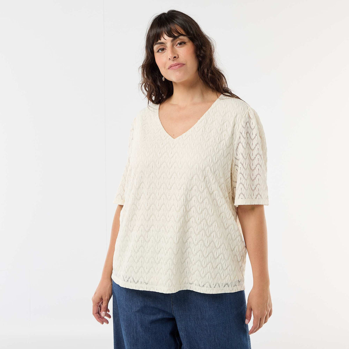 Camiseta de encaje calado BEIGE