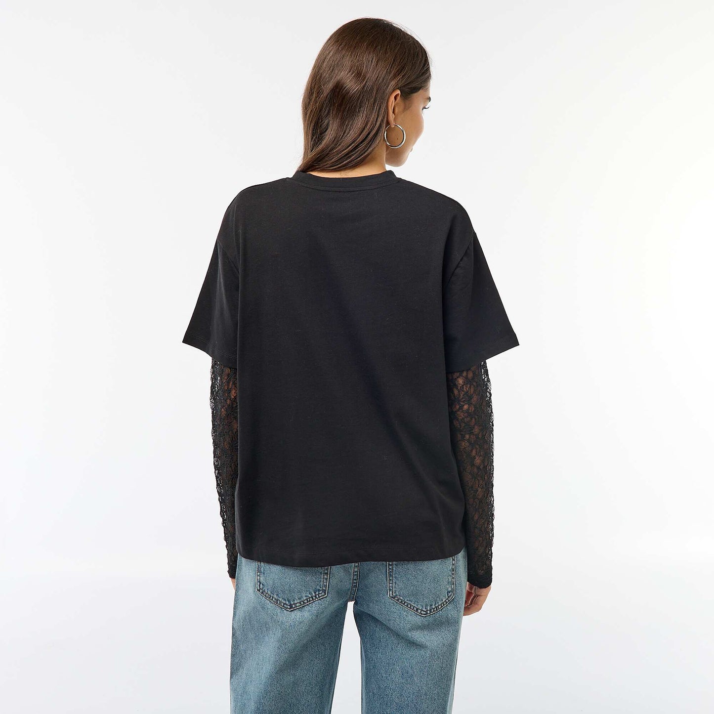 Camiseta 2 en 1 con mangas de encaje NEGRO