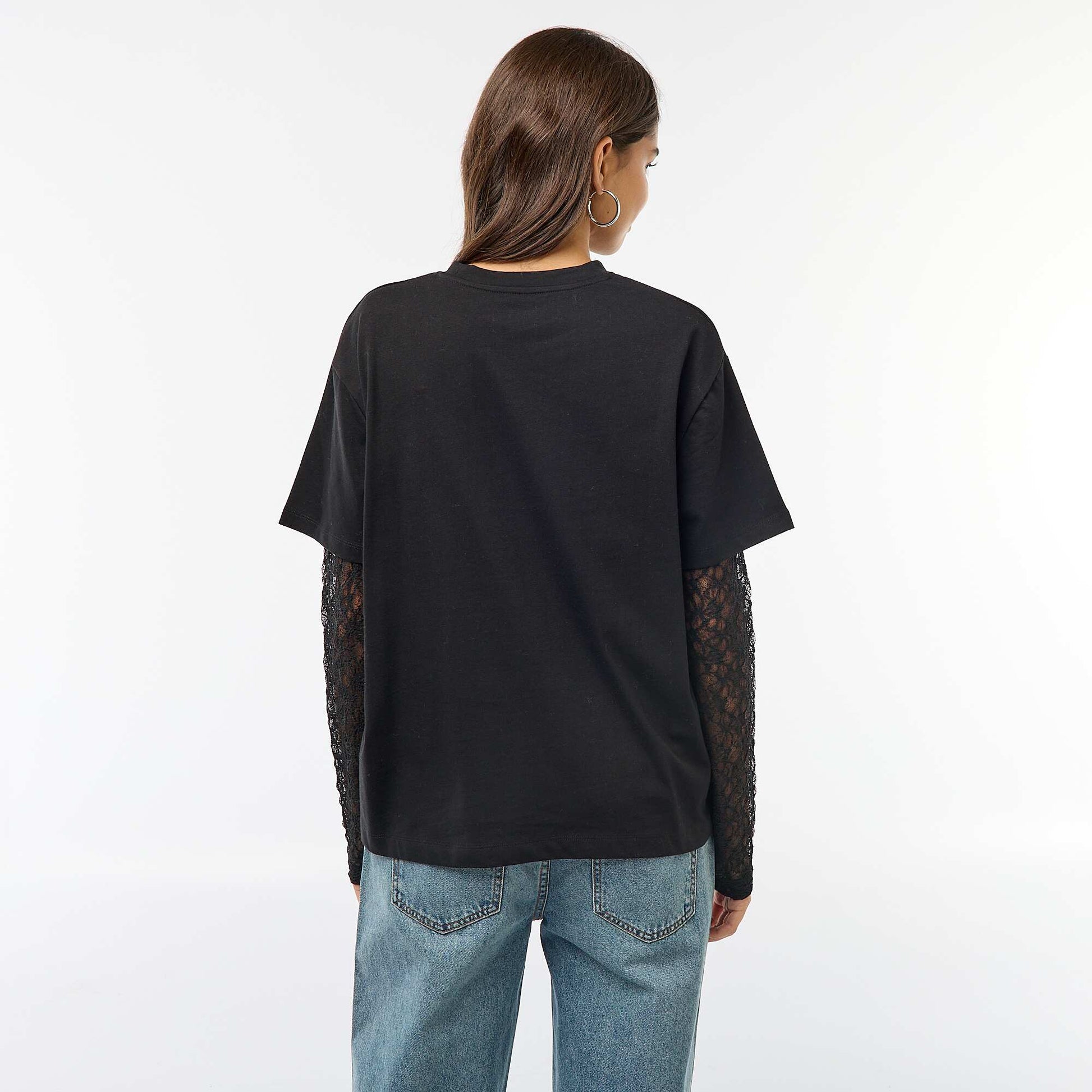 Camiseta 2 en 1 con mangas de encaje NEGRO
