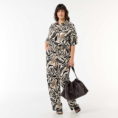 Pantalón liso de lino mezclado NEGRO