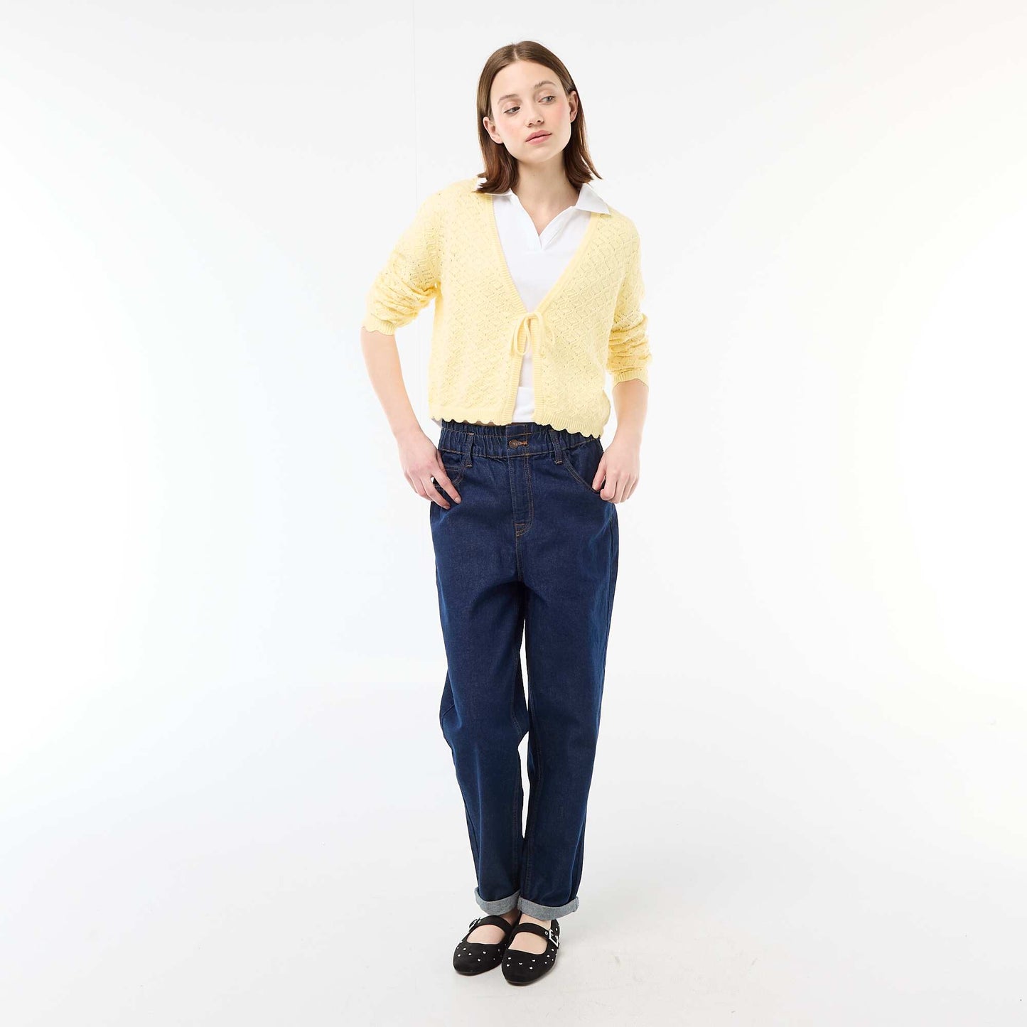 Chaqueta de croché con lazada festoneado AMARILLO