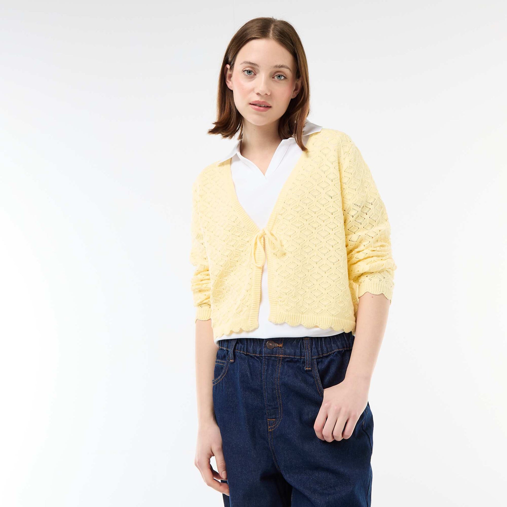 Chaqueta de croché con lazada festoneado AMARILLO