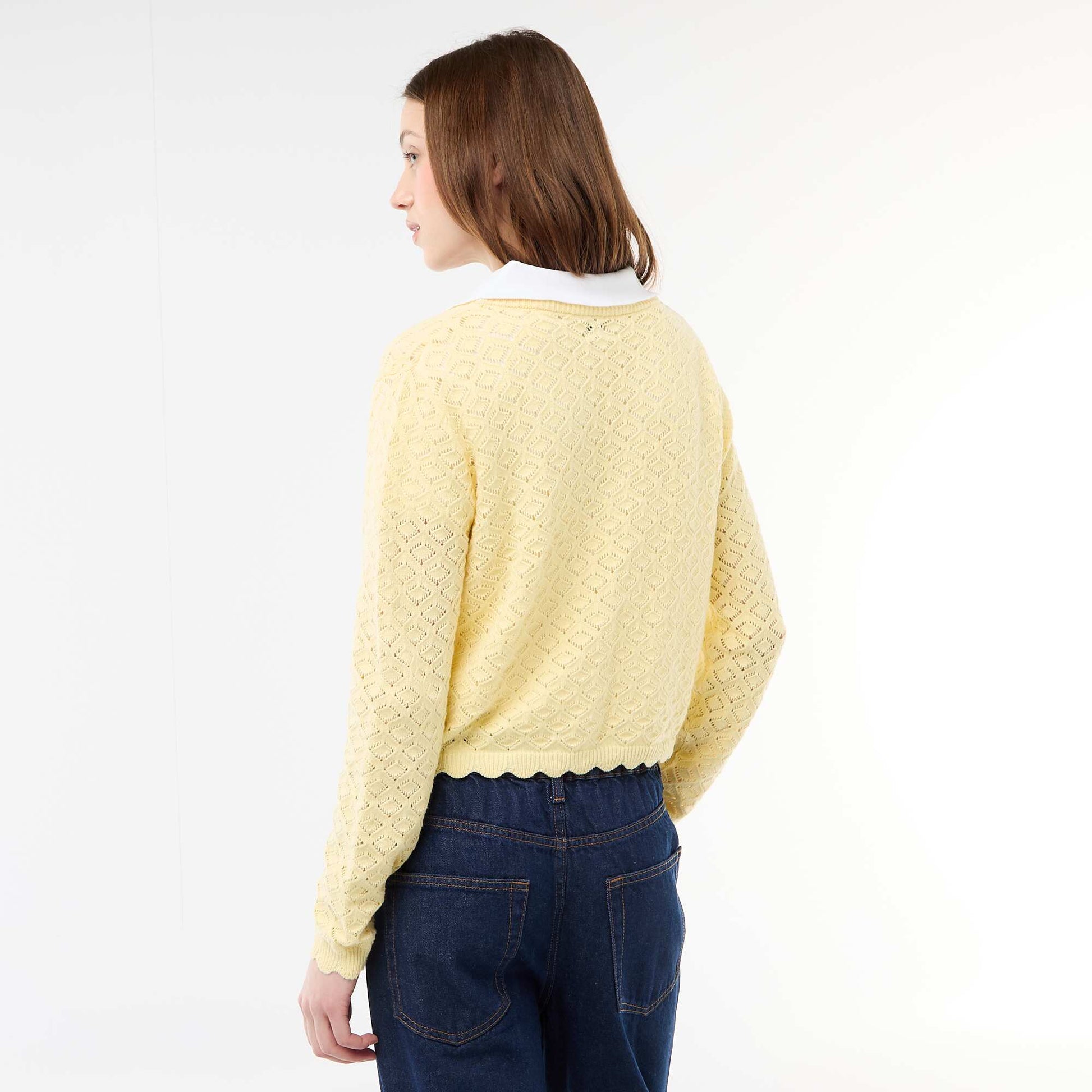 Chaqueta de croché con lazada festoneado AMARILLO