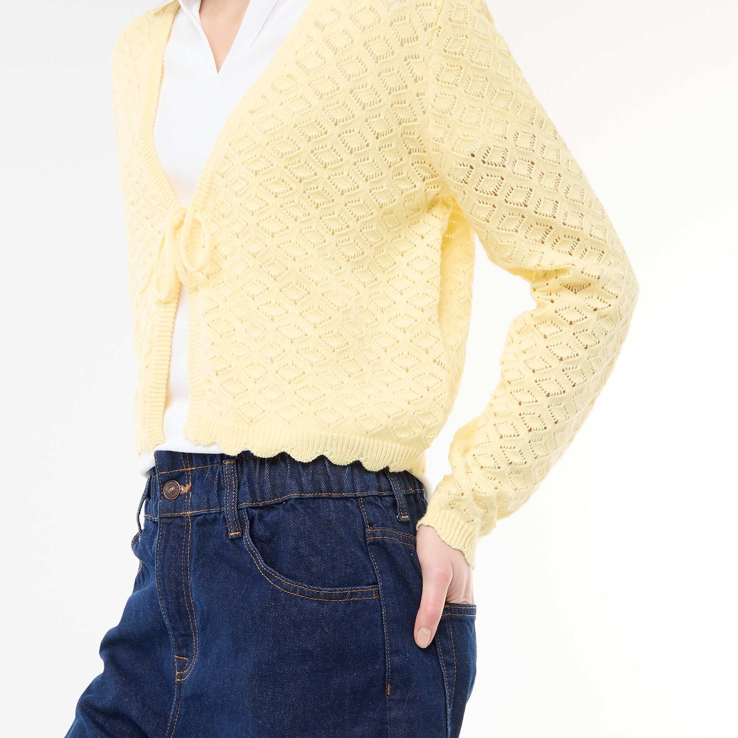 Chaqueta de croché con lazada festoneado AMARILLO