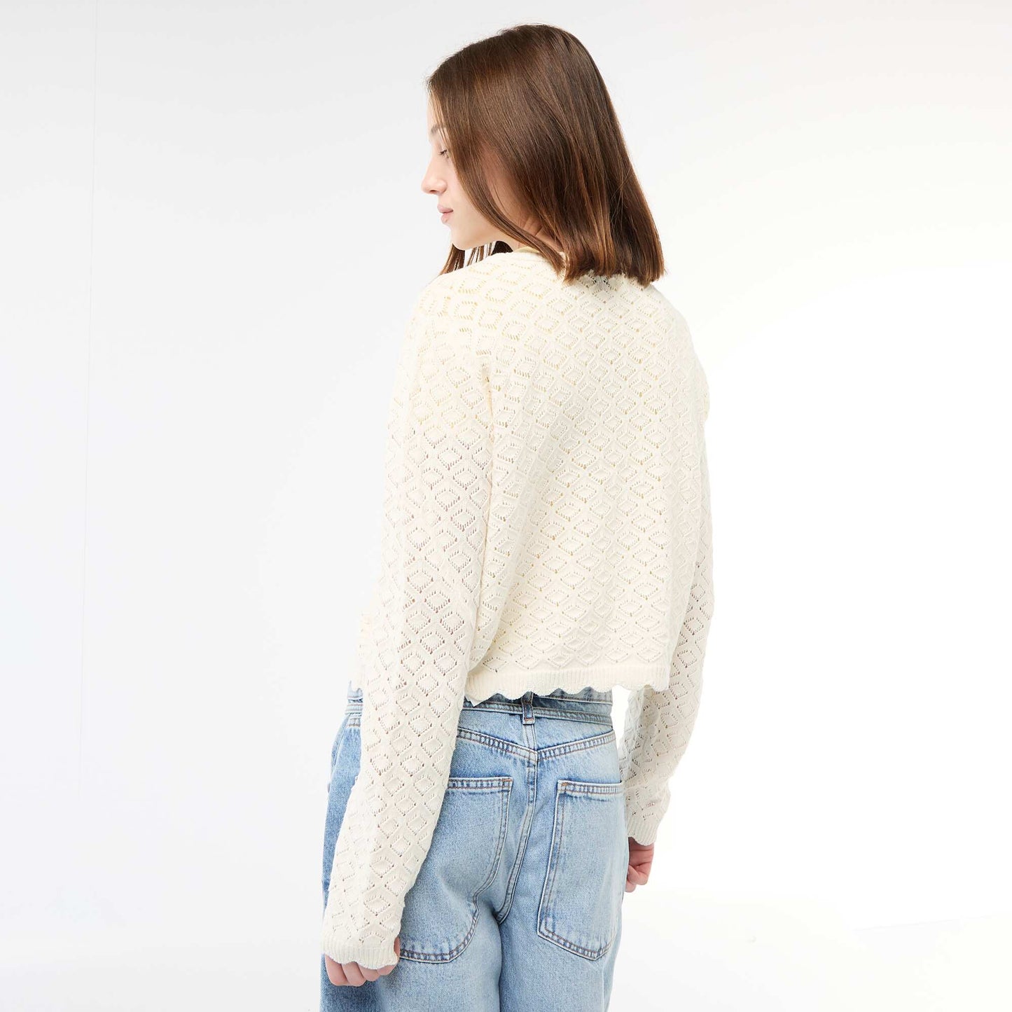 Chaqueta de croché con lazada festoneado BEIGE