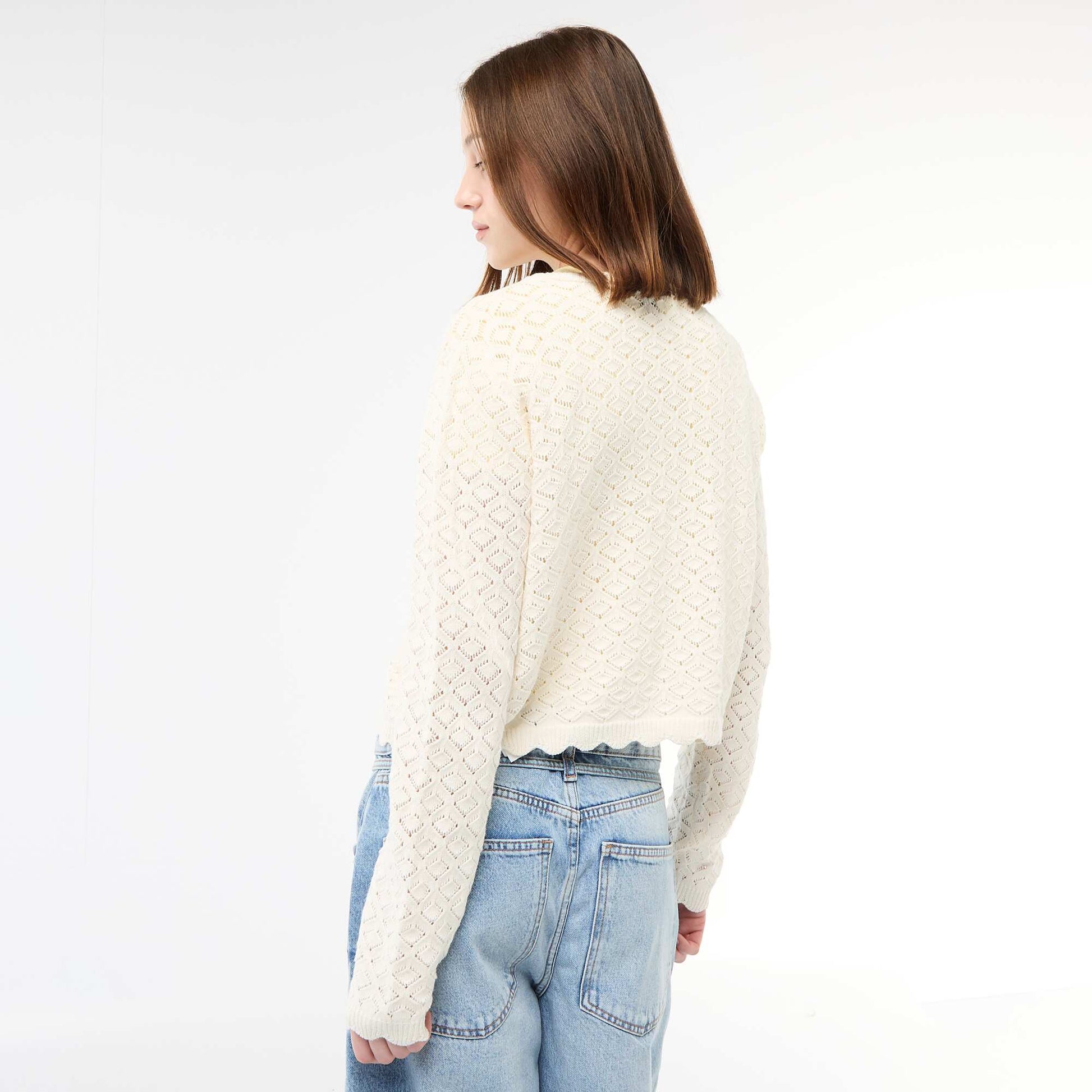 Chaqueta de croché con lazada festoneado BEIGE