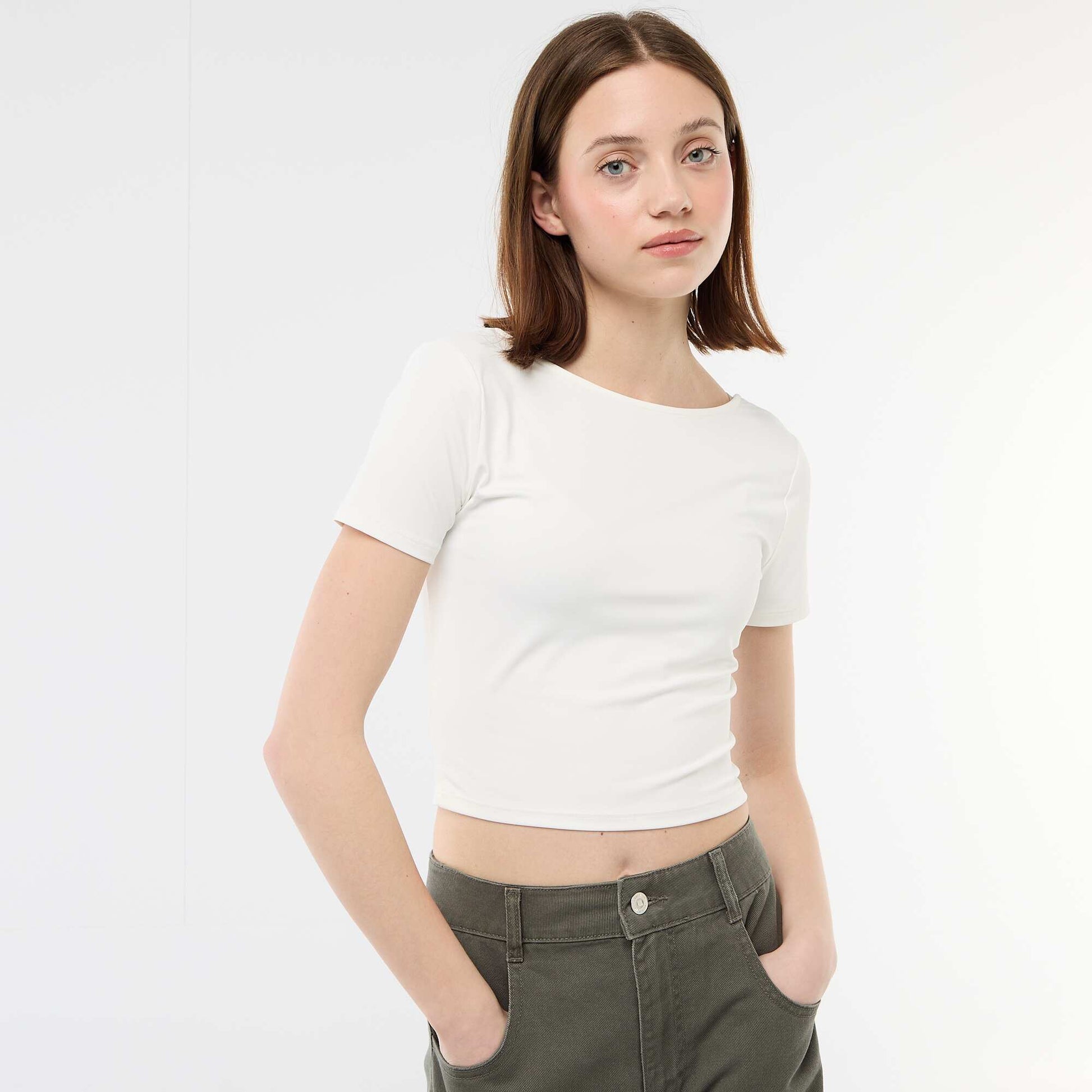 Camiseta corta con escote cuadrado en la espalda BLANCO