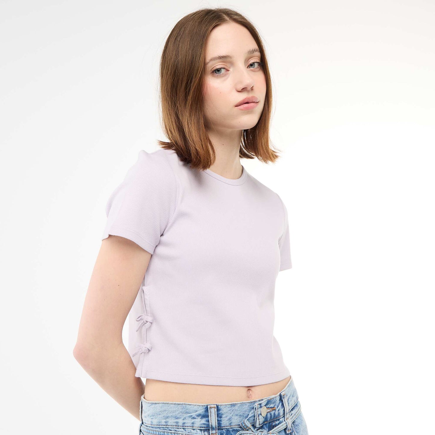 Camiseta corta de canalé con nudos MORADO