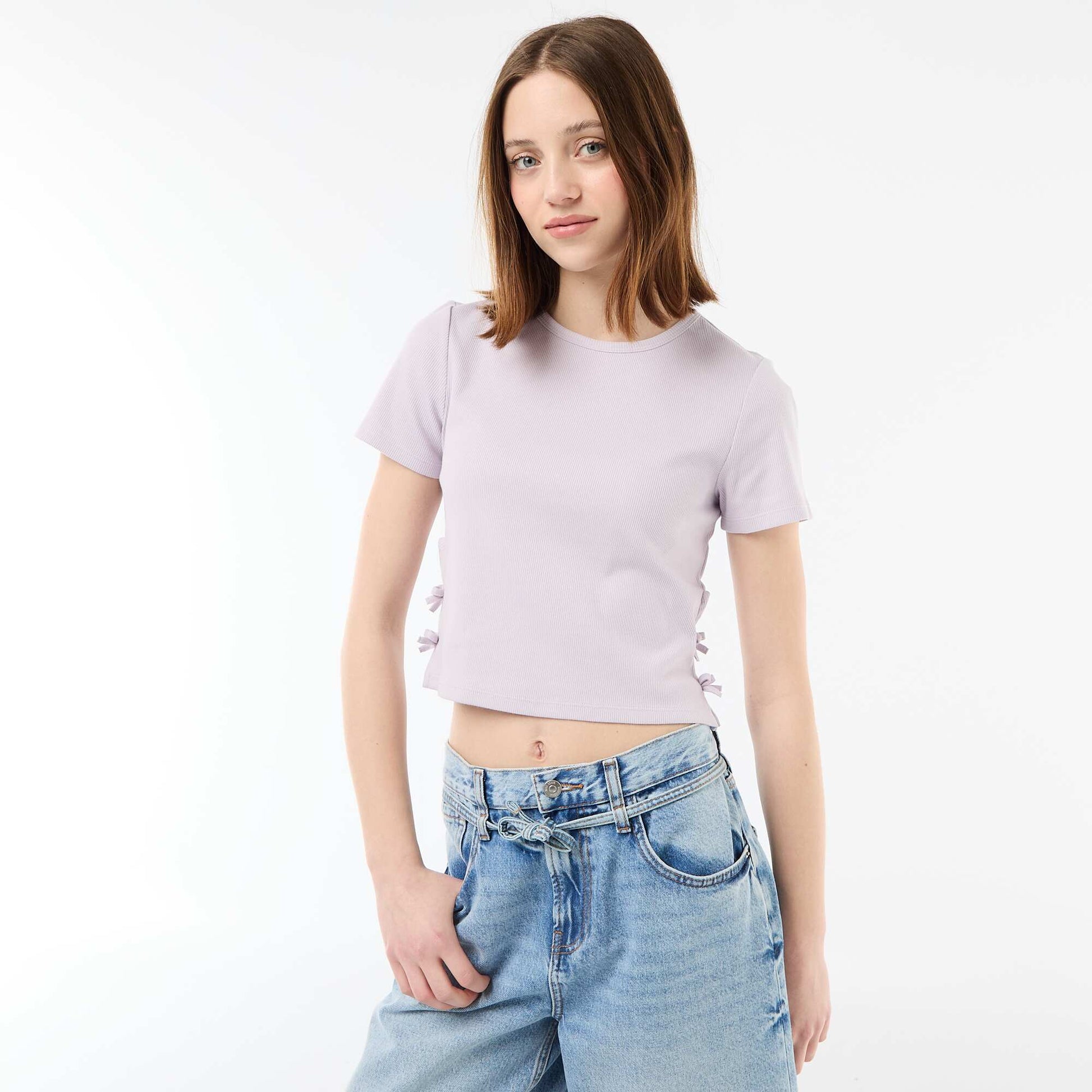Camiseta corta de canalé con nudos MORADO