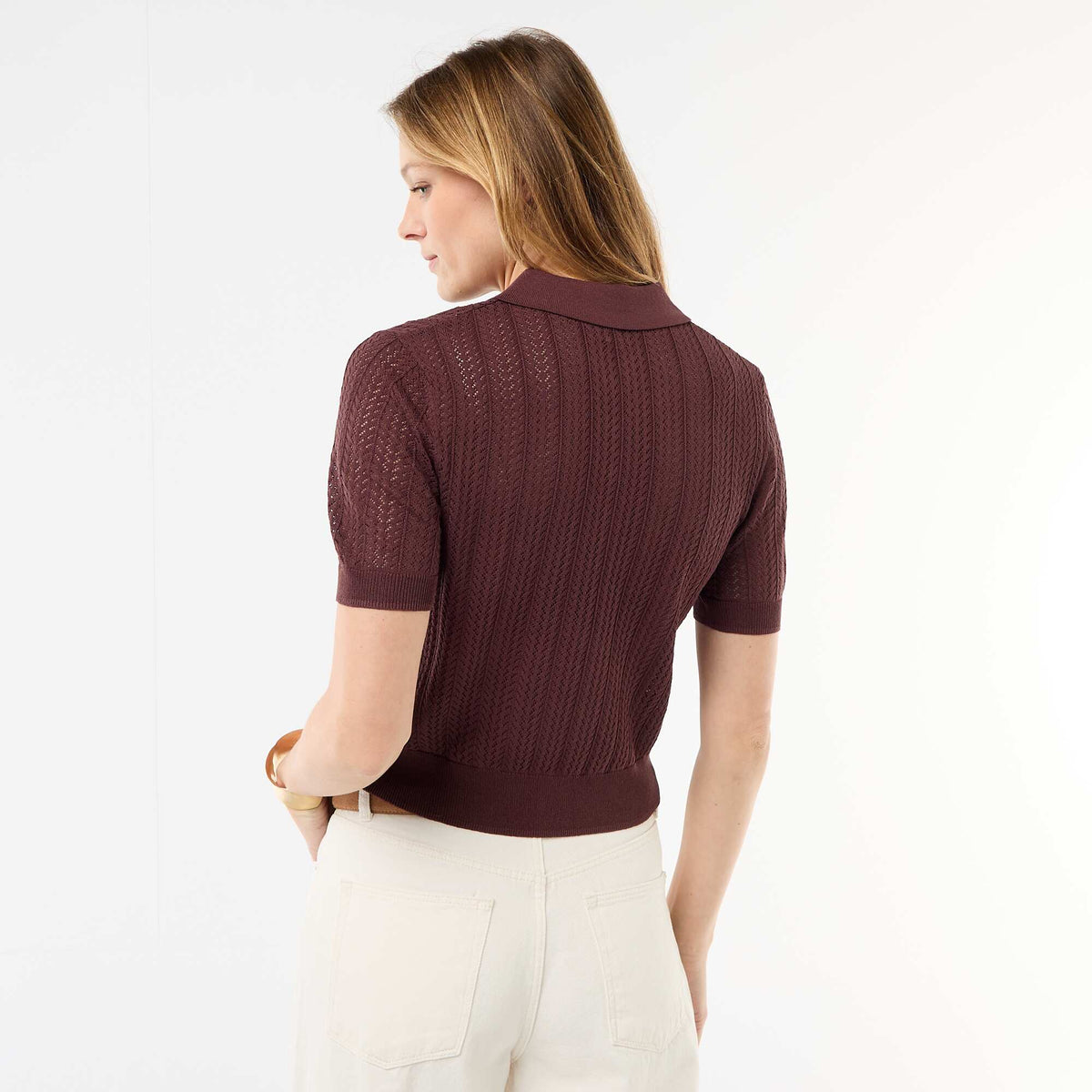 Remera de punto calado de manga corta MARRON
