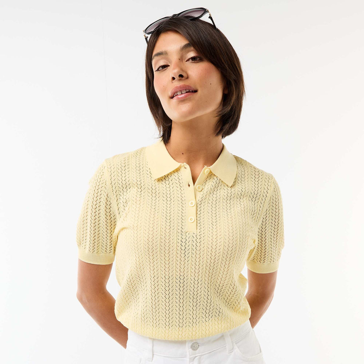 Remera de punto calado de manga corta AMARILLO