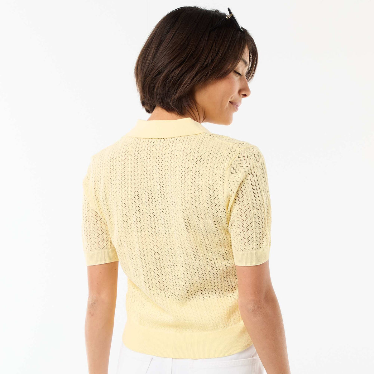 Remera de punto calado de manga corta AMARILLO
