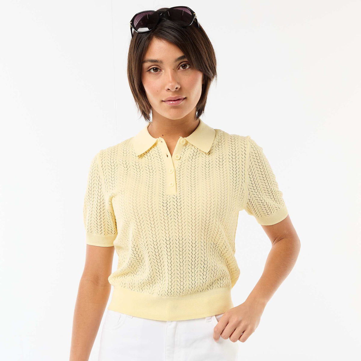 Remera de punto calado de manga corta AMARILLO