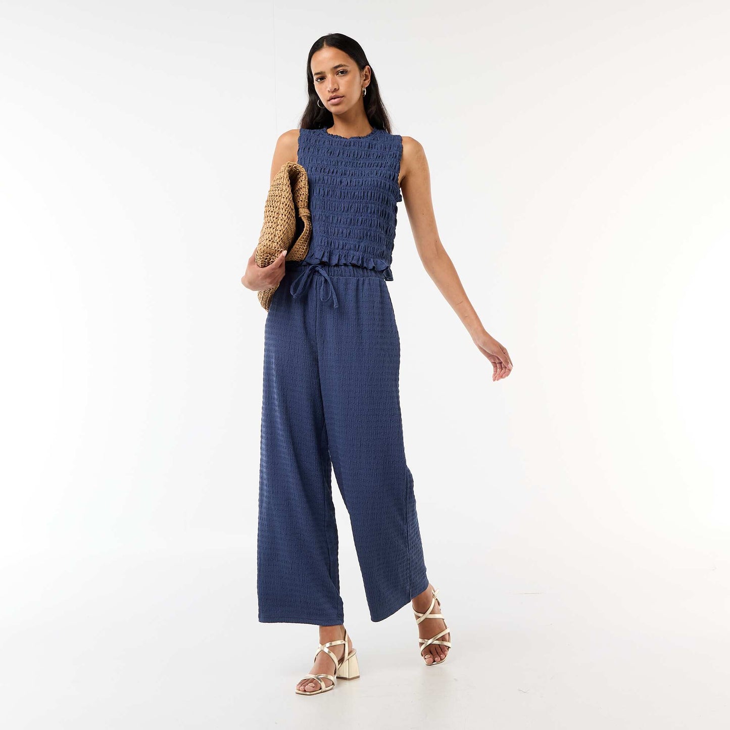 Pantalón ancho de punto smock AZUL