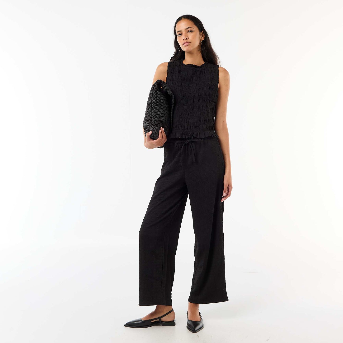 Pantalón ancho de punto smock NEGRO