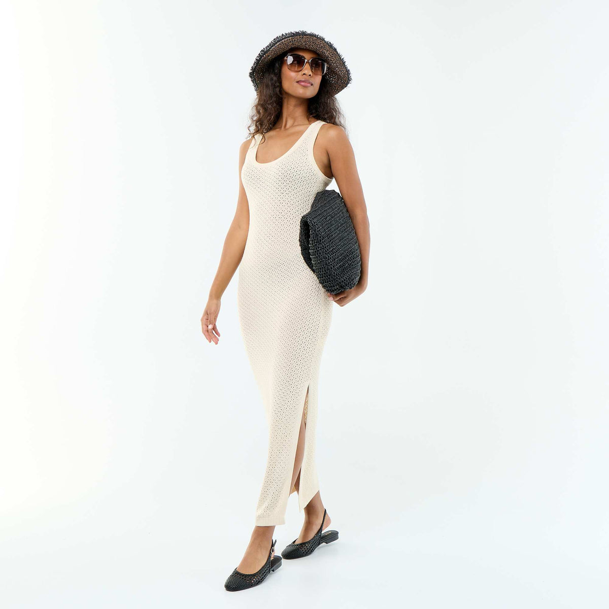 Vestido largo de playa de punto de ganchillo BEIGE