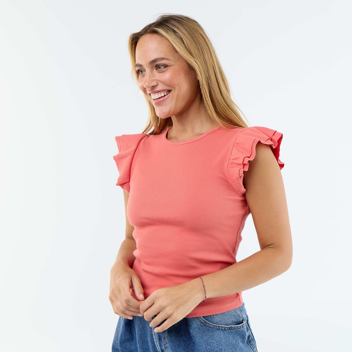 Camiseta acanalada con mangas de volantes NARANJA